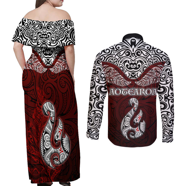 Aotearoa New Zealand Couples Matching Mermaid Dress and Long Sleeve Button Shirts Silver Fern and Matau with Maori Tribal Pink Style LT03 main image 1