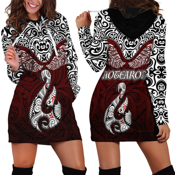 Custom Aotearoa New Zealand Off Shoulder Short Dress Silver Fern and Matau with Maori Tribal Red Style LT03 main image 1