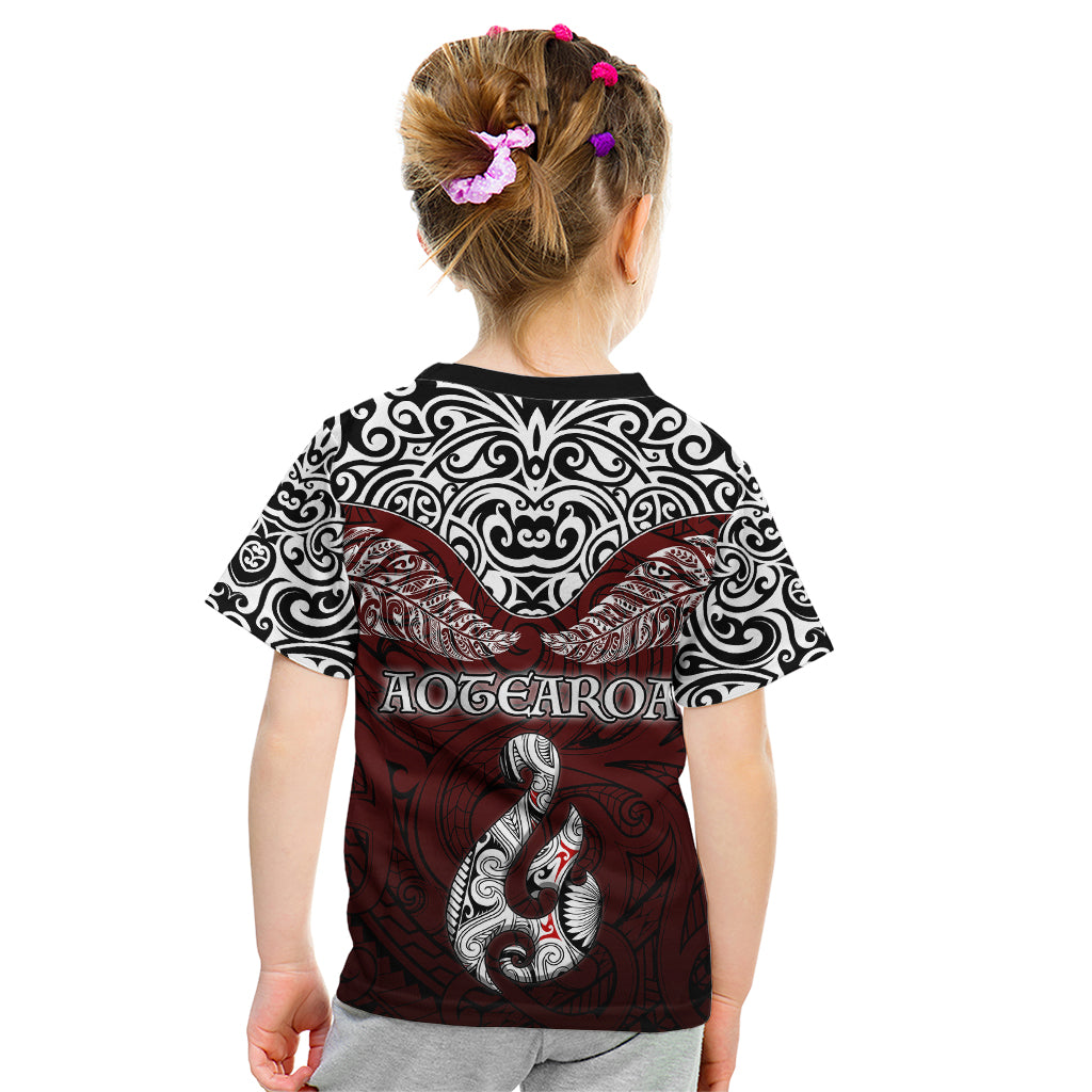 Aotearoa New Zealand Kid T Shirt Silver Fern and Matau with Maori Tribal Red Style LT03 - Polynesian Pride