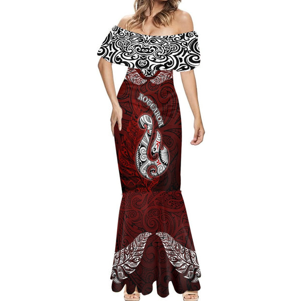 Custom Aotearoa New Zealand Off Shoulder Short Dress Silver Fern and Matau with Maori Tribal Red Style LT03 main image 0
