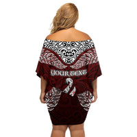 Custom Aotearoa New Zealand Off Shoulder Short Dress Silver Fern and Matau with Maori Tribal Red Style LT03 - Polynesian Pride