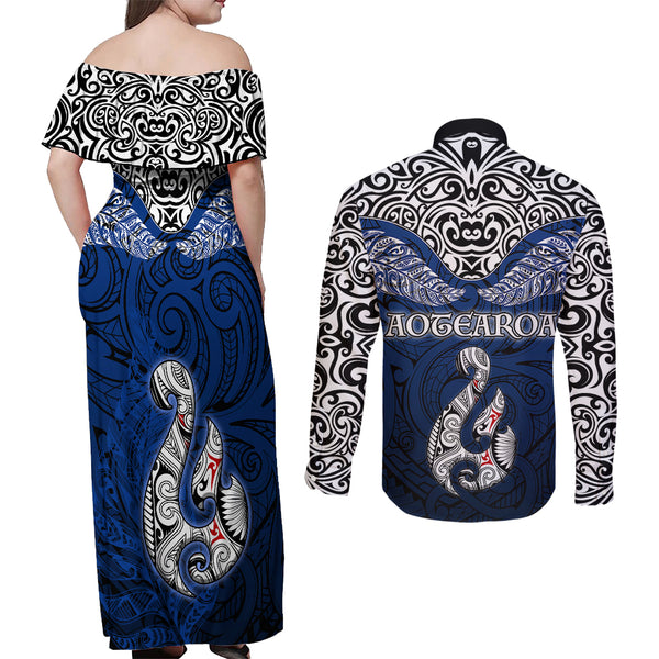Aotearoa New Zealand Couples Matching Summer Maxi Dress and Long Sleeve Button Shirts Silver Fern Kiwi Bird and NZ Map with Maori Tribal Red Style LT03 main image 0