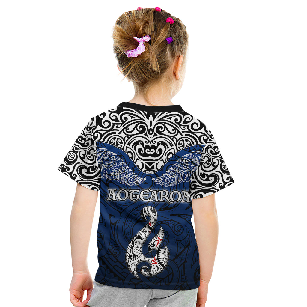 Aotearoa New Zealand Kid T Shirt Silver Fern and Matau with Maori Tribal Blue Style LT03 - Polynesian Pride