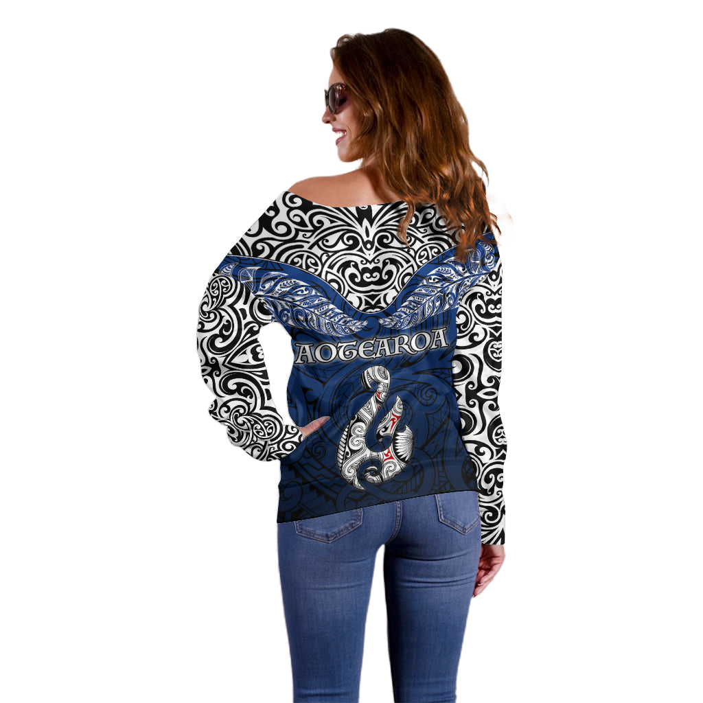 Aotearoa New Zealand Off Shoulder Sweater Silver Fern and Matau with Maori Tribal Blue Style LT03 - Polynesian Pride