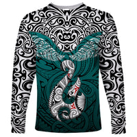 Aotearoa New Zealand Long Sleeve Shirt Silver Fern and Matau with Maori Tribal Turquoise Style LT03 Unisex Turquoise - Polynesian Pride