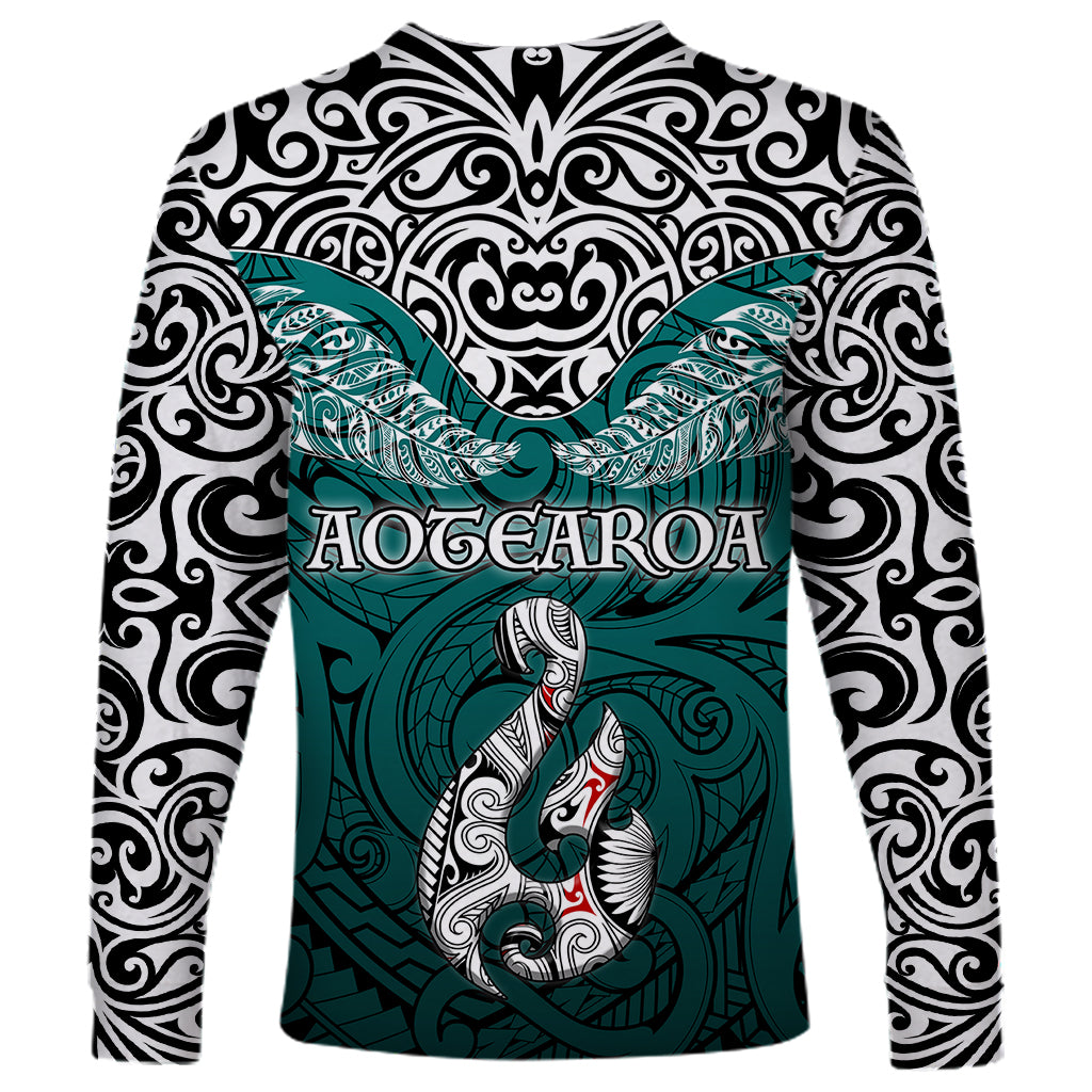 Aotearoa New Zealand Long Sleeve Shirt Silver Fern and Matau with Maori Tribal Turquoise Style LT03 - Polynesian Pride
