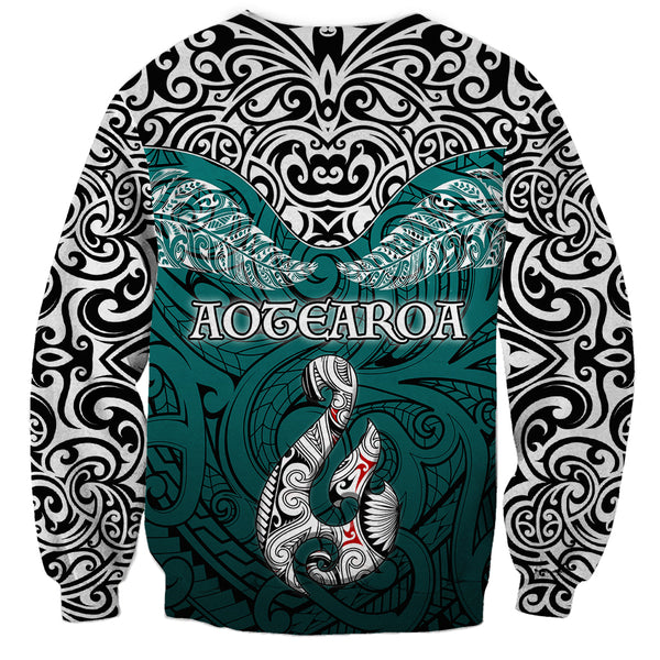 Aotearoa New Zealand Sleeve Zip Bomber Jacket Silver Fern and Matau with Maori Tribal Turquoise Style LT03