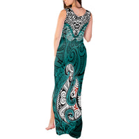 Aotearoa New Zealand Tank Maxi Dress Silver Fern and Matau with Maori Tribal Turquoise Style LT03 - Polynesian Pride