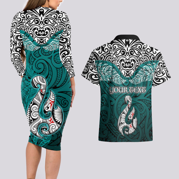 Aotearoa New Zealand Couples Matching Off The Shoulder Long Sleeve Dress and Hawaiian Shirt Silver Fern Kiwi Bird and NZ Map with Maori Tribal Pink Style LT03 main image 1