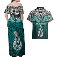 Custom Aotearoa New Zealand Couples Matching Off Shoulder Maxi Dress and Hawaiian Shirt Silver Fern and Matau with Maori Tribal Turquoise Style LT03 - Polynesian Pride