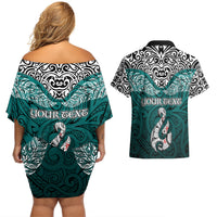 Custom Aotearoa New Zealand Couples Matching Off Shoulder Short Dress and Hawaiian Shirt Silver Fern and Matau with Maori Tribal Turquoise Style LT03 - Polynesian Pride