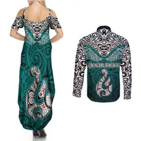 Custom Aotearoa New Zealand Couples Matching Summer Maxi Dress and Long Sleeve Button Shirts Silver Fern and Matau with Maori Tribal Turquoise Style LT03 - Polynesian Pride