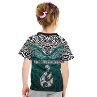 Custom Aotearoa New Zealand Kid T Shirt Silver Fern and Matau with Maori Tribal Turquoise Style LT03 - Polynesian Pride