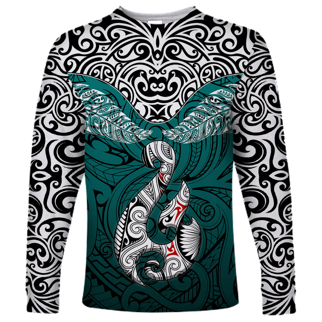 Custom Aotearoa New Zealand Long Sleeve Shirt Silver Fern and Matau with Maori Tribal Turquoise Style LT03 Unisex Turquoise - Polynesian Pride