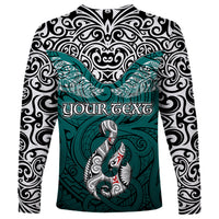 Custom Aotearoa New Zealand Long Sleeve Shirt Silver Fern and Matau with Maori Tribal Turquoise Style LT03 - Polynesian Pride