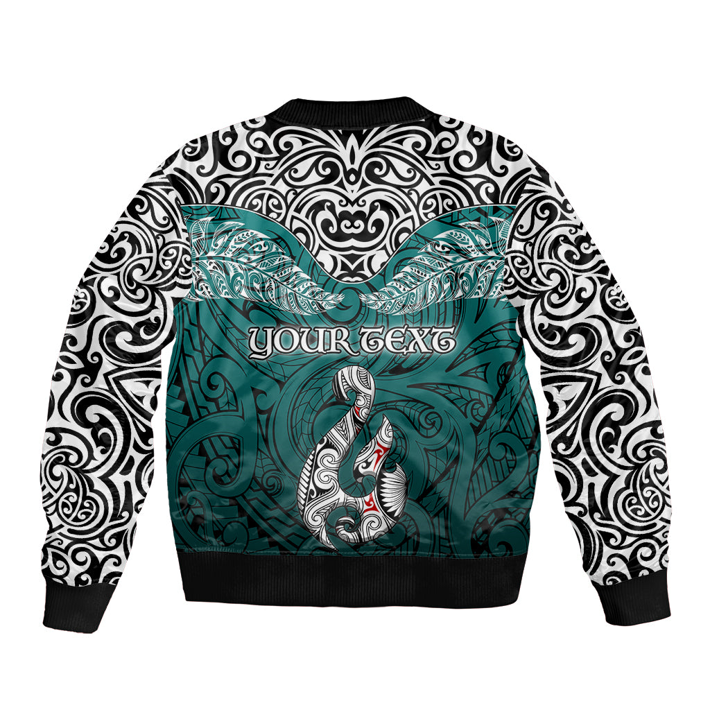 Custom Aotearoa New Zealand Sleeve Zip Bomber Jacket Silver Fern and Matau with Maori Tribal Turquoise Style LT03 - Polynesian Pride