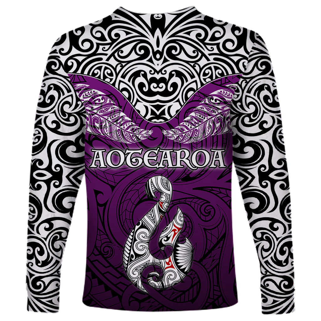 Aotearoa New Zealand Long Sleeve Shirt Silver Fern and Matau with Maori Tribal Pink Style LT03 - Polynesian Pride