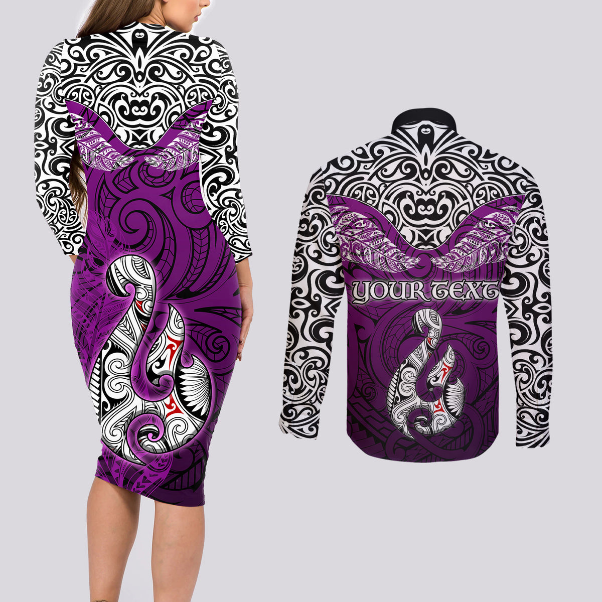 Custom Aotearoa New Zealand Couples Matching Long Sleeve Bodycon Dress and Long Sleeve Button Shirts Silver Fern and Matau with Maori Tribal Pink Style LT03 - Polynesian Pride