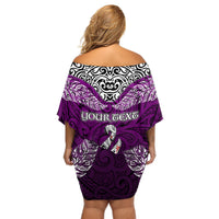 Custom Aotearoa New Zealand Off Shoulder Short Dress Silver Fern and Matau with Maori Tribal Pink Style LT03 - Polynesian Pride