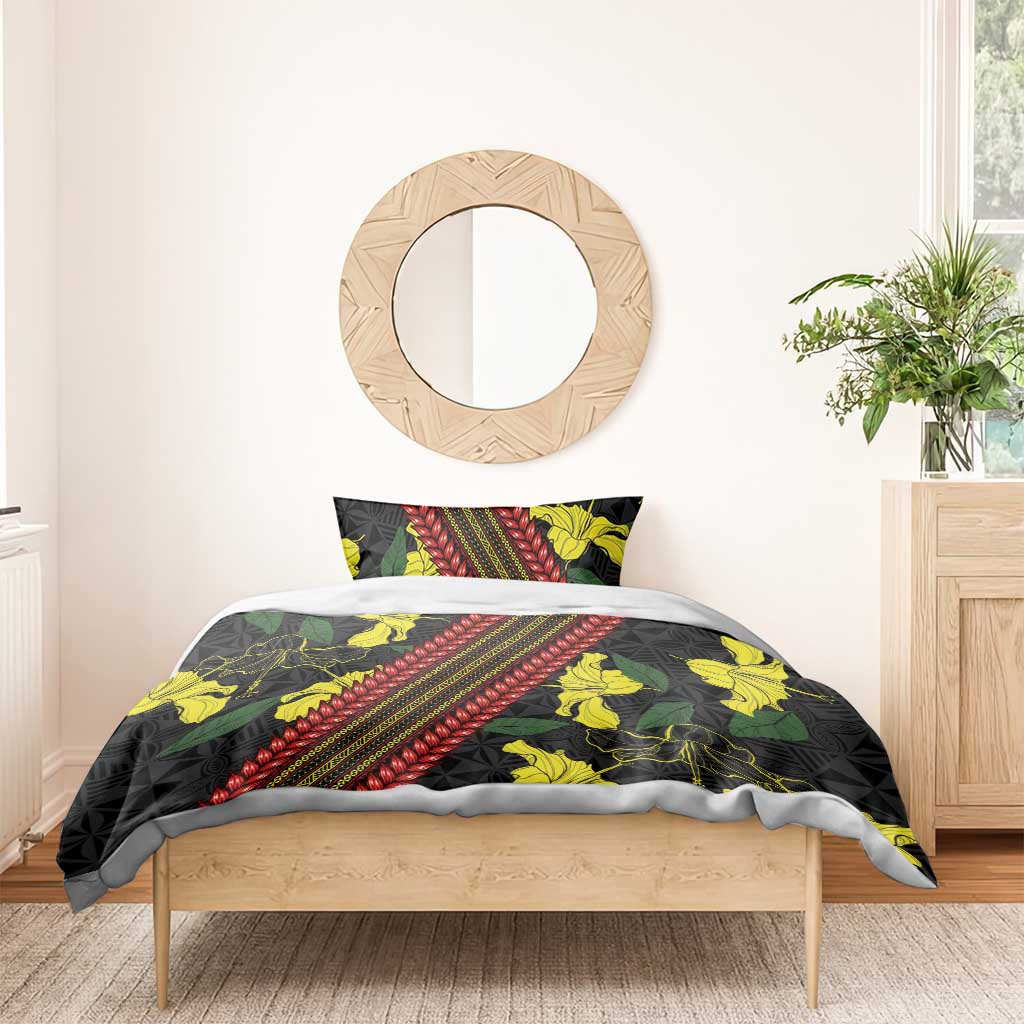 Samoan Culture Bedding Set Hibiscus and Ula Fala with Tapa Pattern Black Color