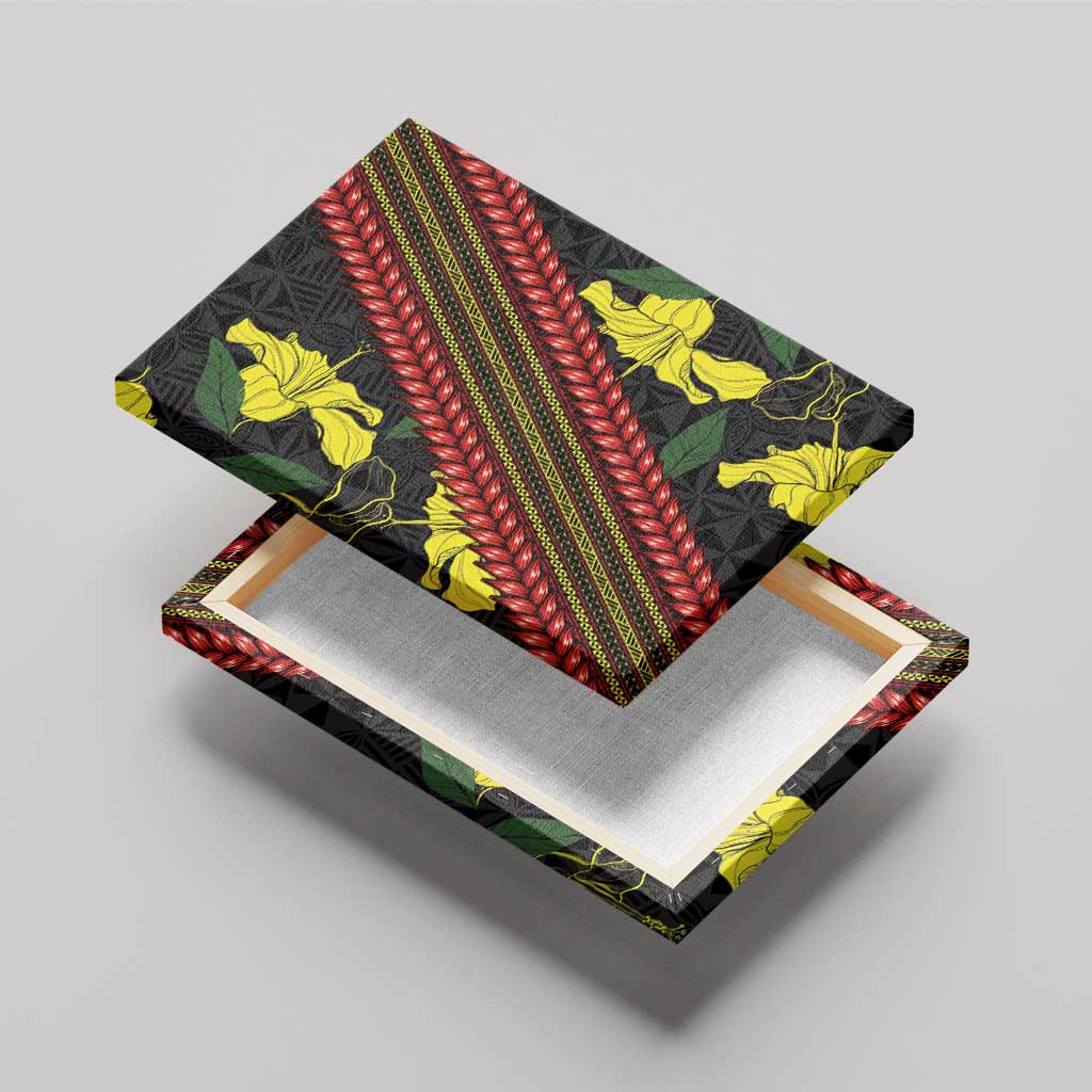 Samoan Culture Canvas Wall Art Hibiscus and Ula Fala with Tapa Pattern Black Color