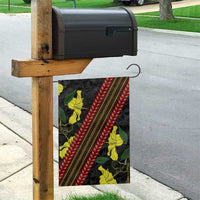 Samoan Culture Garden Flag Hibiscus and Ula Fala with Tapa Pattern Black Color