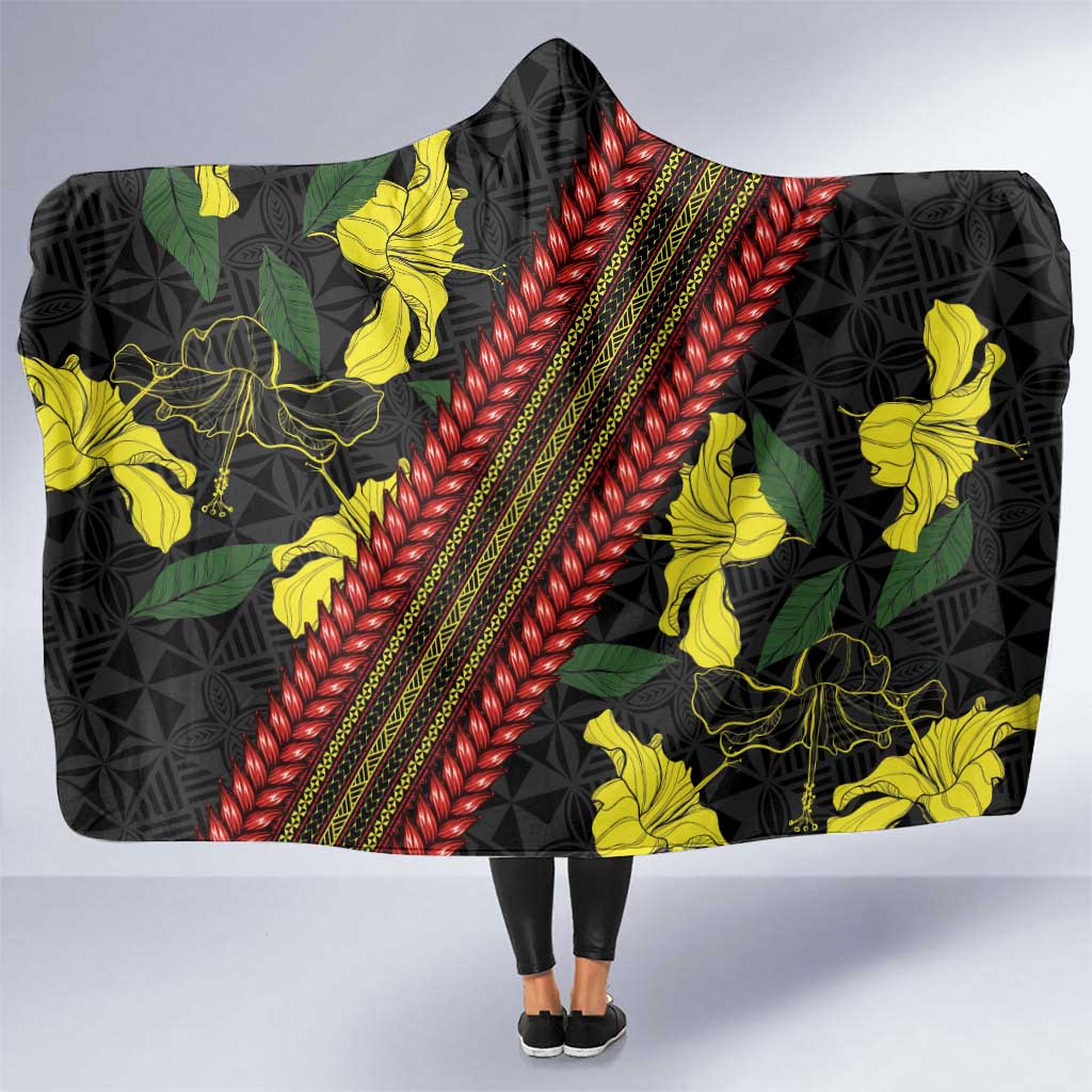Samoan Culture Hooded Blanket Hibiscus and Ula Fala with Tapa Pattern Black Color LT03 One Size Black - Polynesian Pride