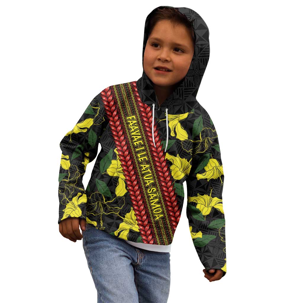 Samoan Culture Kid Hoodie Hibiscus and Ula Fala with Tapa Pattern Black Color