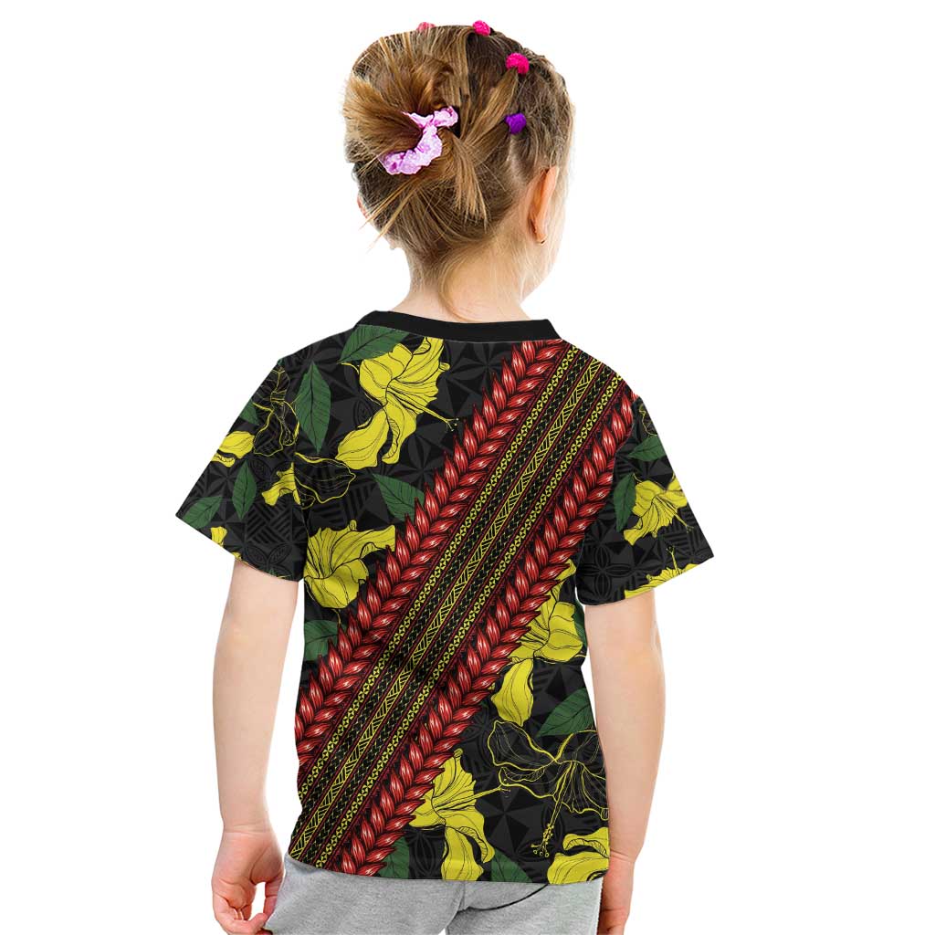 Samoan Culture Kid T Shirt Hibiscus and Ula Fala with Tapa Pattern Black Color