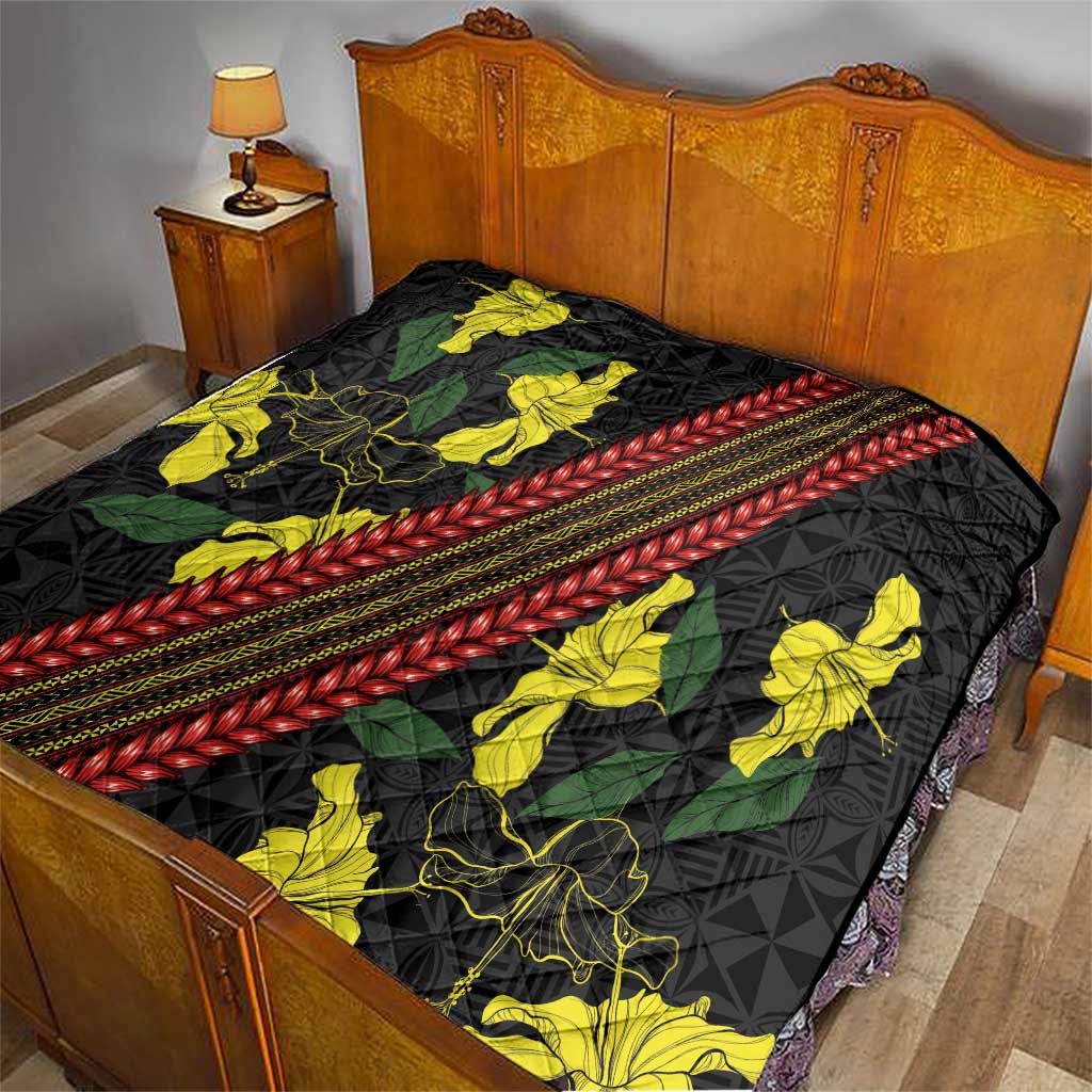 Samoan Culture Quilt Hibiscus and Ula Fala with Tapa Pattern Black Color