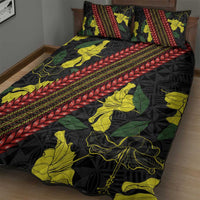Samoan Culture Quilt Bed Set Hibiscus and Ula Fala with Tapa Pattern Black Color