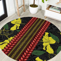 Samoan Culture Round Carpet Hibiscus and Ula Fala with Tapa Pattern Black Color LT03 Black - Polynesian Pride