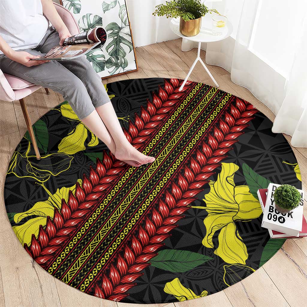 Samoan Culture Round Carpet Hibiscus and Ula Fala with Tapa Pattern Black Color LT03 - Polynesian Pride