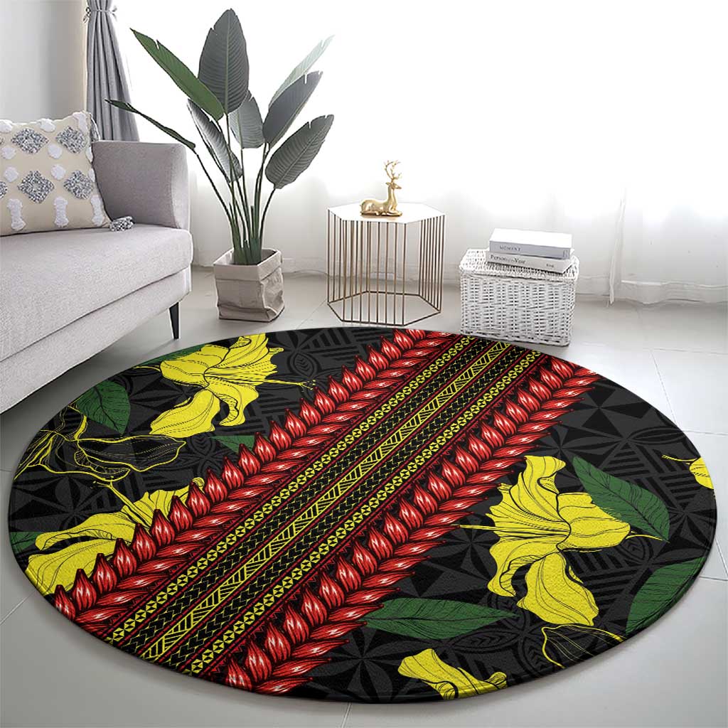 Samoan Culture Round Carpet Hibiscus and Ula Fala with Tapa Pattern Black Color LT03 - Polynesian Pride