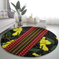 Samoan Culture Round Carpet Hibiscus and Ula Fala with Tapa Pattern Black Color LT03 - Polynesian Pride