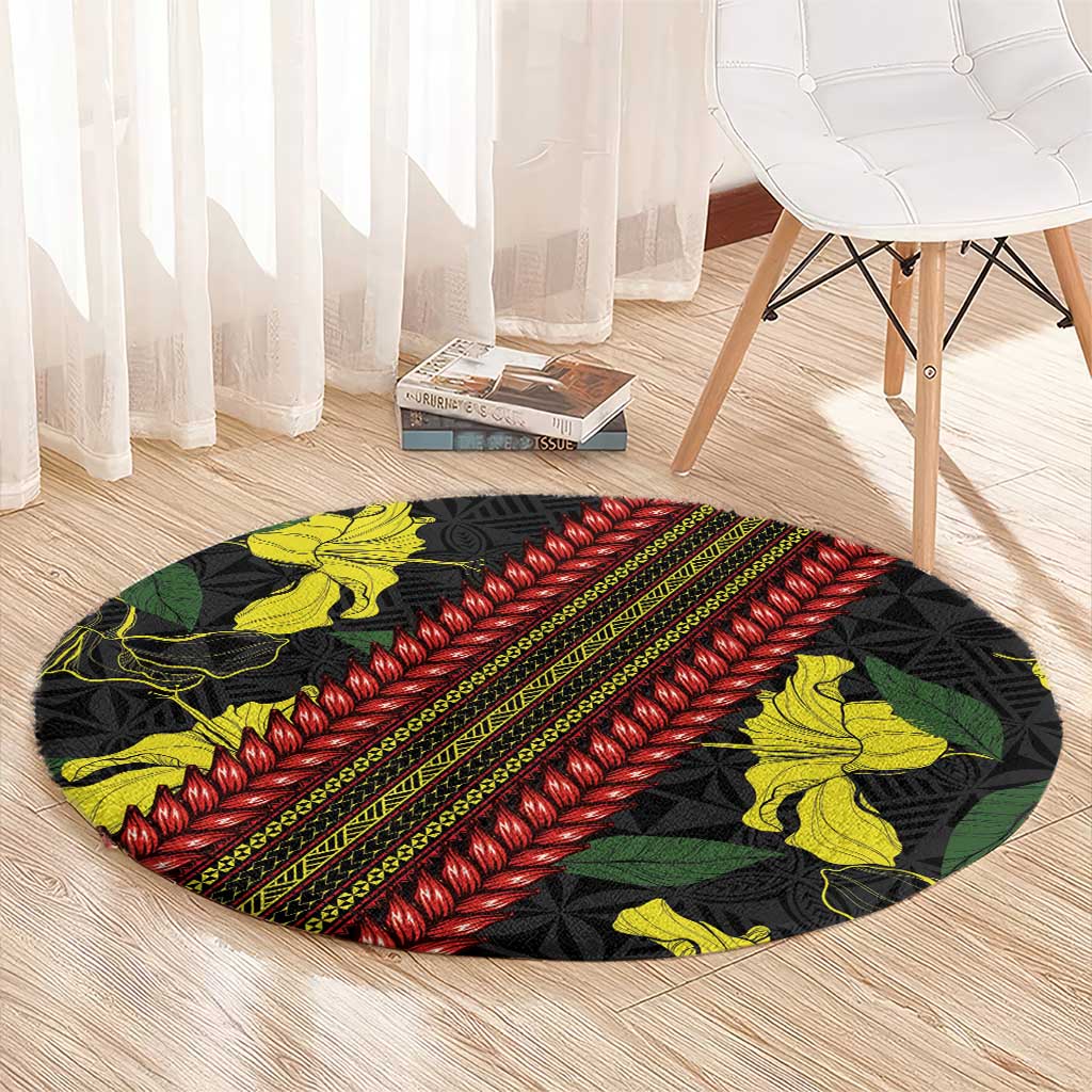 Samoan Culture Round Carpet Hibiscus and Ula Fala with Tapa Pattern Black Color LT03 - Polynesian Pride