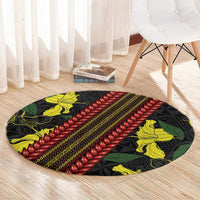 Samoan Culture Round Carpet Hibiscus and Ula Fala with Tapa Pattern Black Color LT03 - Polynesian Pride