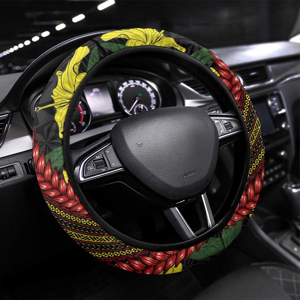 Samoan Culture Steering Wheel Cover Hibiscus and Ula Fala with Tapa Pattern Black Color LT03 Universal Fit Black - Polynesian Pride