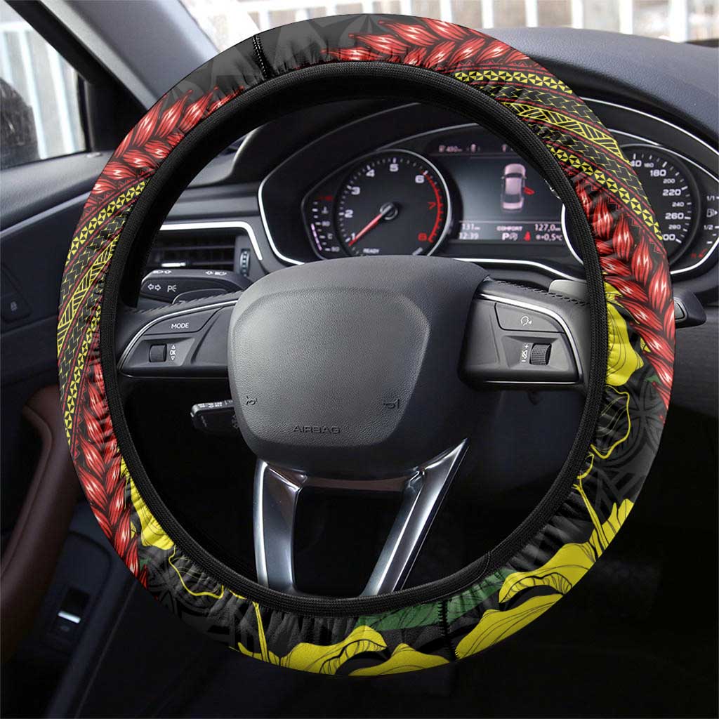 Samoan Culture Steering Wheel Cover Hibiscus and Ula Fala with Tapa Pattern Black Color LT03 - Polynesian Pride