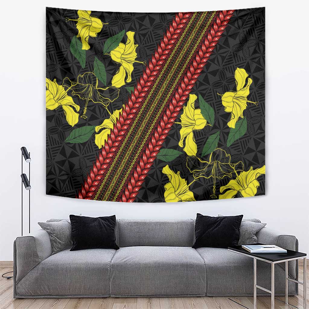 Samoan Culture Tapestry Hibiscus and Ula Fala with Tapa Pattern Black Color LT03 Black - Polynesian Pride