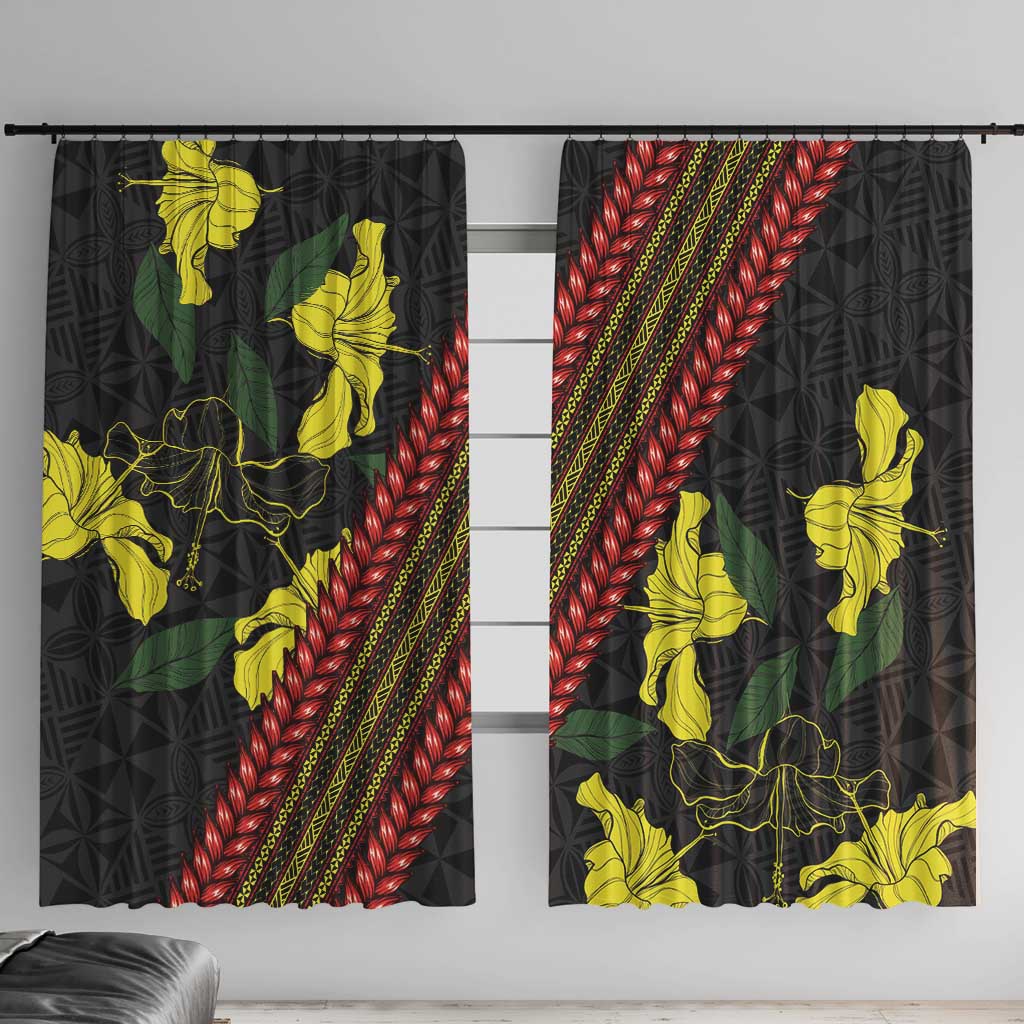 Samoan Culture Window Curtain Hibiscus and Ula Fala with Tapa Pattern Black Color LT03 With Hooks Black - Polynesian Pride