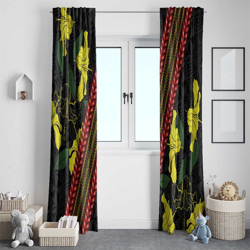 Samoan Culture Window Curtain Hibiscus and Ula Fala with Tapa Pattern Black Color LT03 - Polynesian Pride