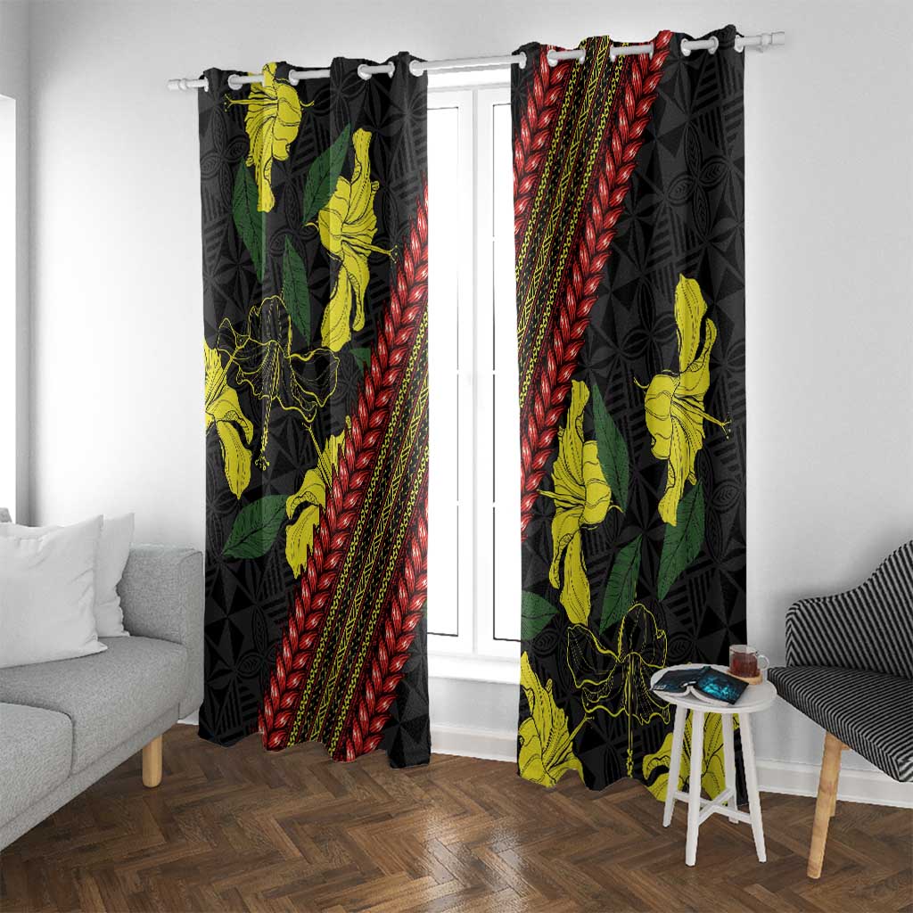 Samoan Culture Window Curtain Hibiscus and Ula Fala with Tapa Pattern Black Color LT03 With Grommets Black - Polynesian Pride