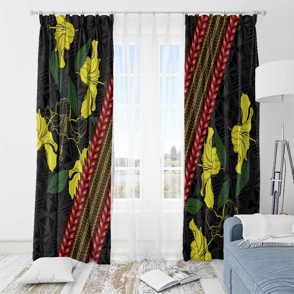 Samoan Culture Window Curtain Hibiscus and Ula Fala with Tapa Pattern Black Color LT03 - Polynesian Pride