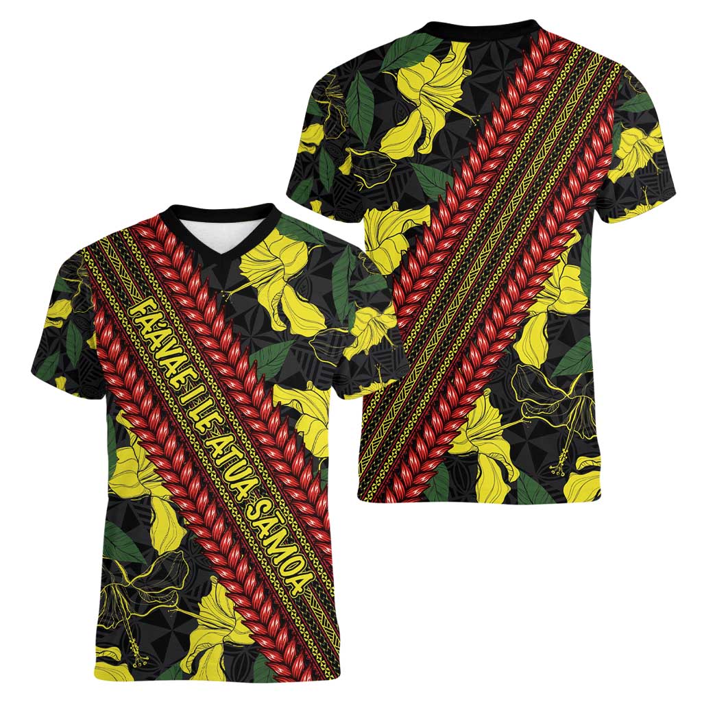 Samoan Culture Women V-Neck T-Shirt Hibiscus and Ula Fala with Tapa Pattern Black Color
