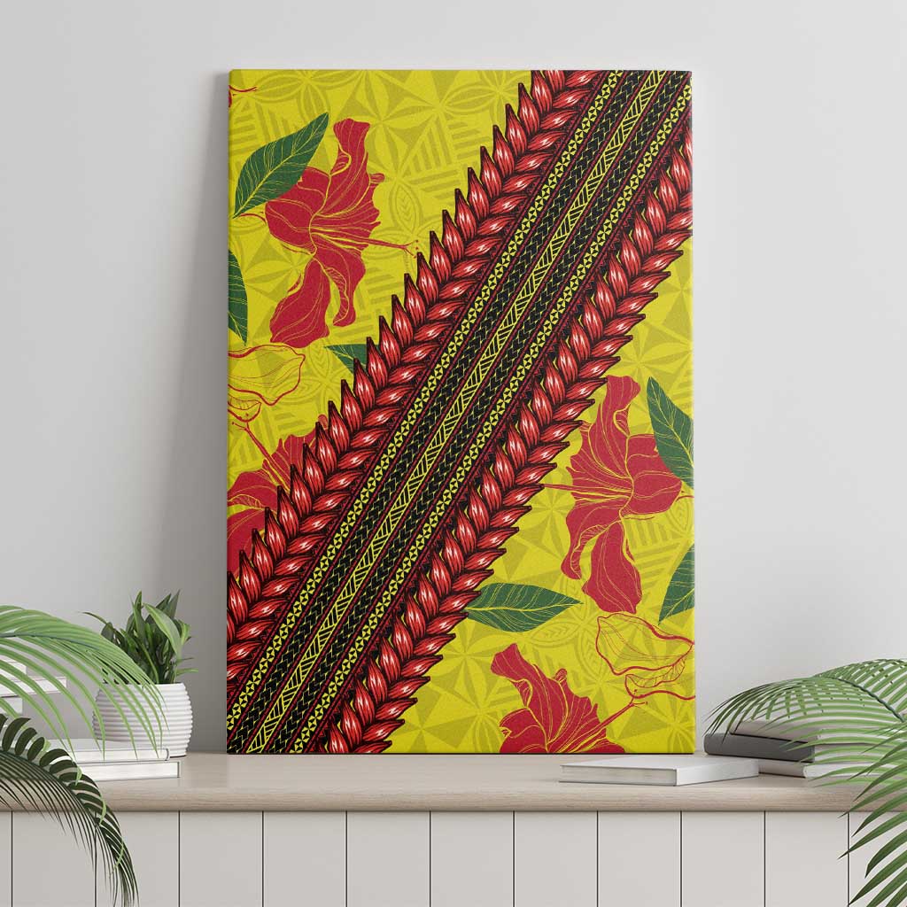 Samoan Culture Canvas Wall Art Hibiscus and Ula Fala with Tapa Pattern Yellow Color