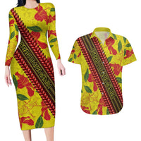 Samoan Culture Couples Matching Long Sleeve Bodycon Dress and Hawaiian Shirt Hibiscus and Ula Fala with Tapa Pattern YellowColor