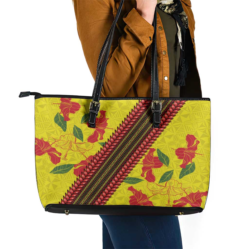 Samoan Culture Leather Tote Bag Hibiscus and Ula Fala with Tapa Pattern Yellow Color LT03 - Polynesian Pride