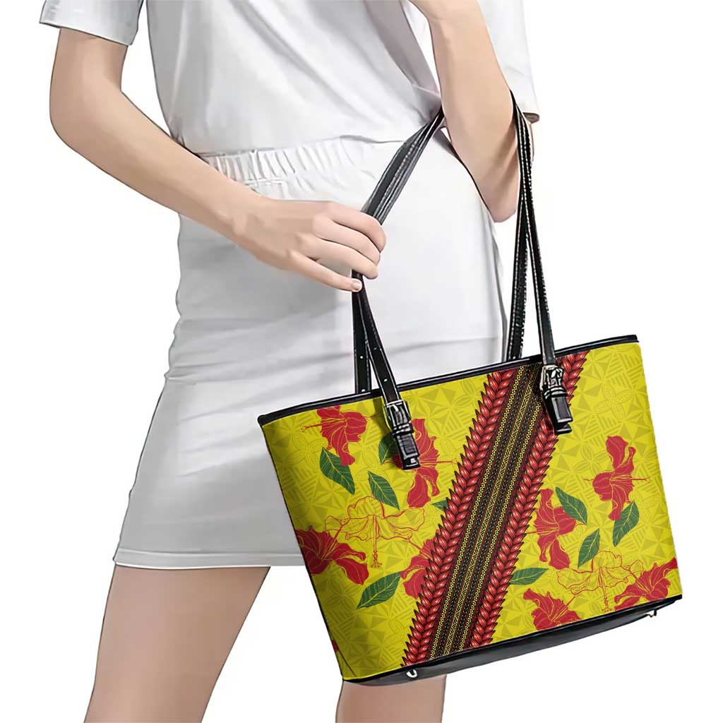 Samoan Culture Leather Tote Bag Hibiscus and Ula Fala with Tapa Pattern Yellow Color LT03 - Polynesian Pride