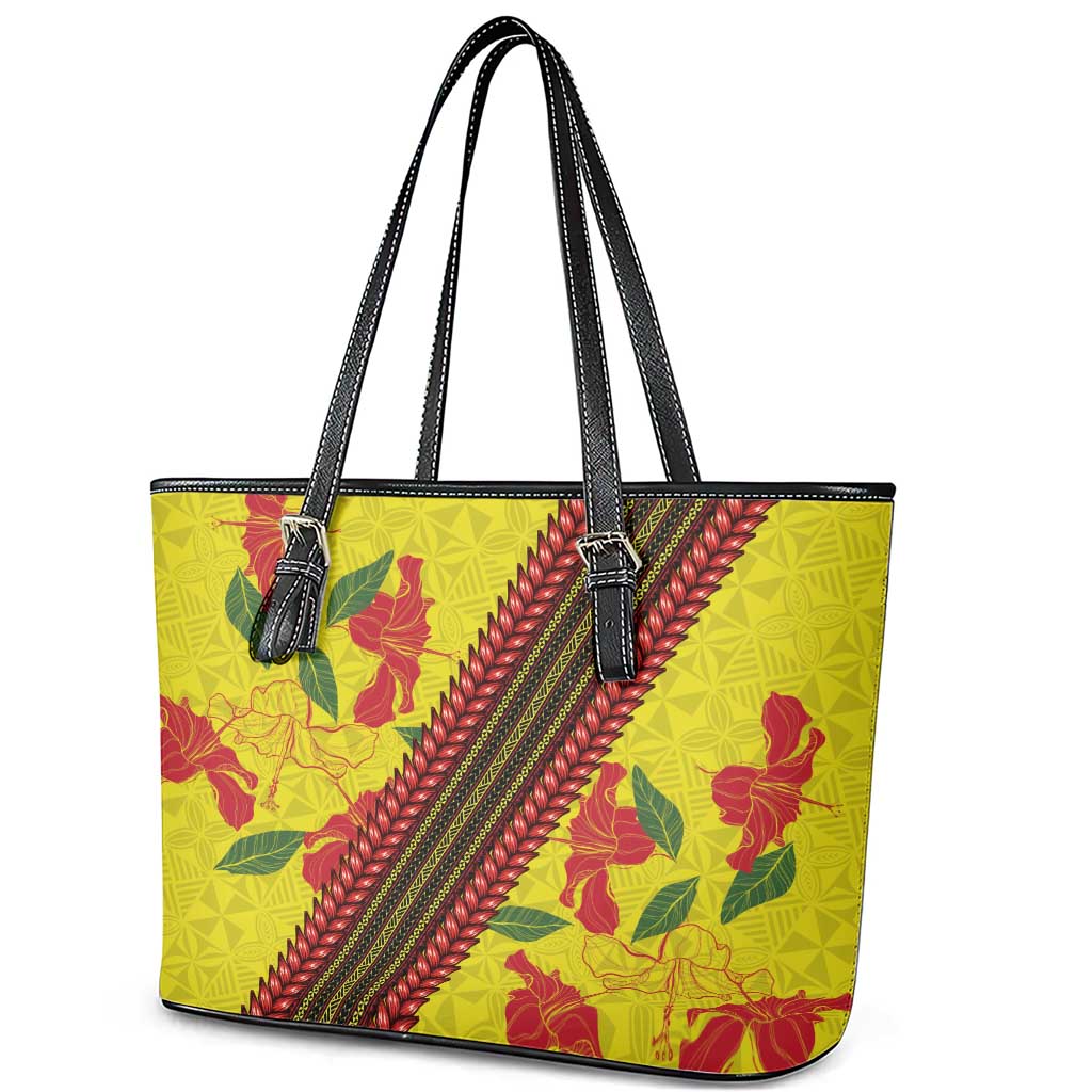 Samoan Culture Leather Tote Bag Hibiscus and Ula Fala with Tapa Pattern Yellow Color LT03 - Polynesian Pride